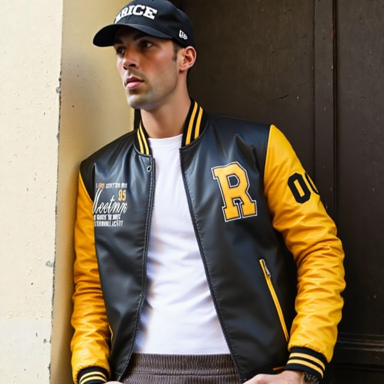 Man wearing a black and yellow varsity jacket with a white shirt and cap, leaning against a wall.