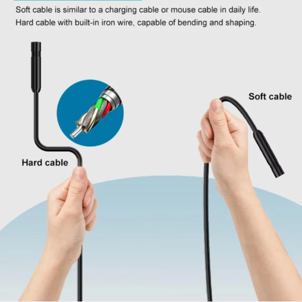 An explanatory product graphic showing a black cable labeled 'Hard Cable' held by two hands on the left and labeled 'Soft cable' on the right. Text at the top explains the difference between hard and soft cable, with a circular inset showing the internal wire construction.