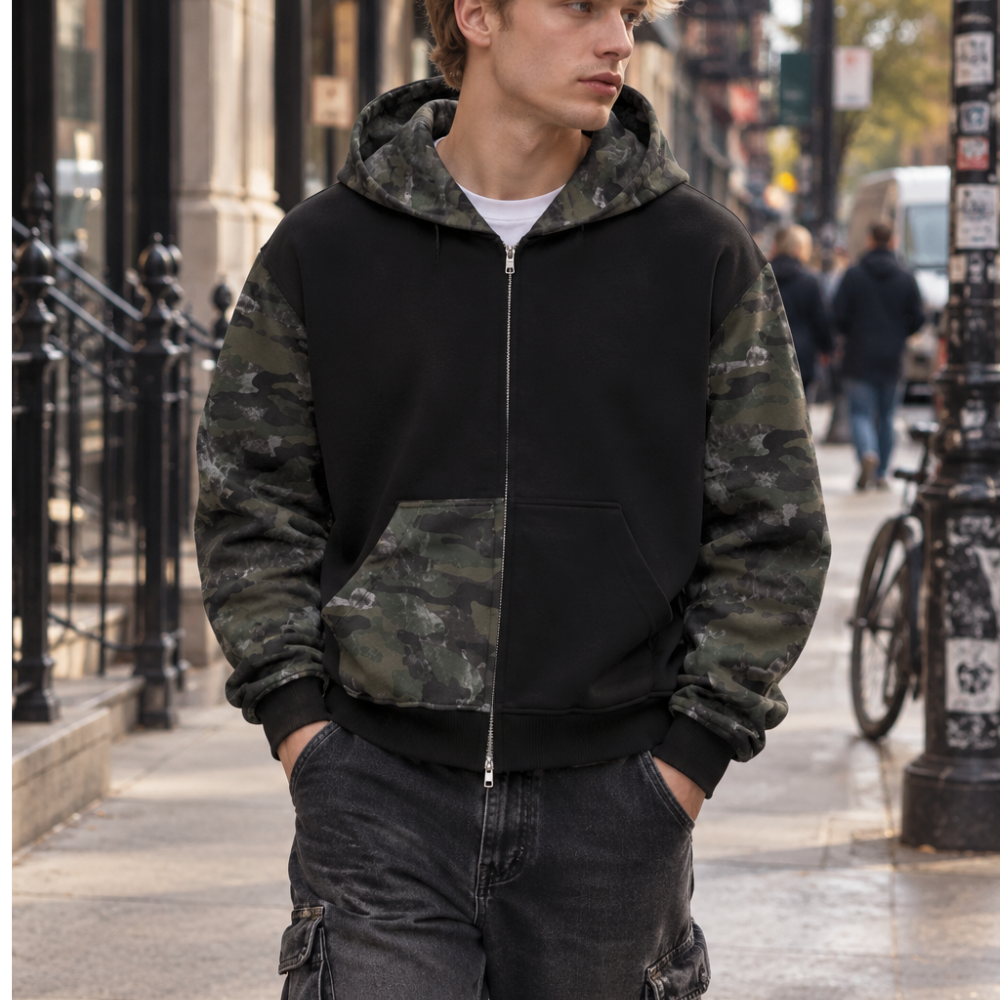 Robot Cat Camo Full Zip Boxy Hoodie