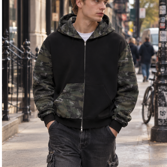 Robot Cat Camo Full Zip Boxy Hoodie