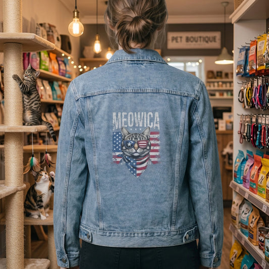 A person viewed from behind wearing a light blue denim jacket with a large graphic on the back. The graphic features the word 'MEOWICA' above a tiger face wearing sunglasses, set against an American flag and a bandana motif.