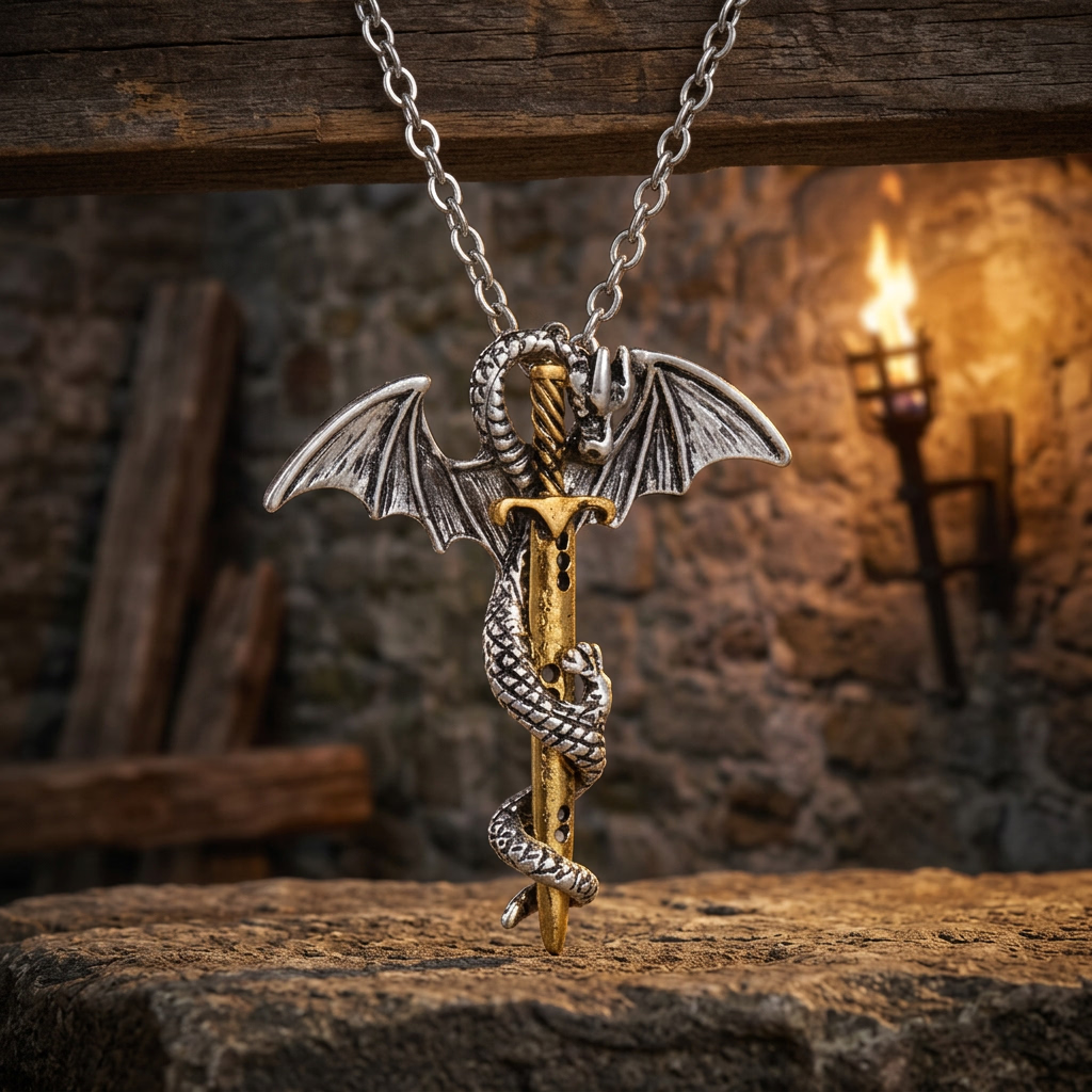Flying Dragon With Sword Necklace
