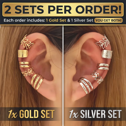 5-Piece Leaf Ear Cuff Set for Women (2 Sets) Gold & Silver  | Adjustable No-Piercing Ear Wraps |