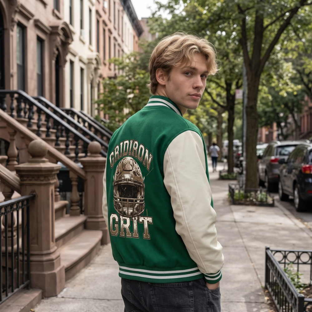 Gridiron Grit Football Theme Two-Tone Fleeced Varsity Jacket