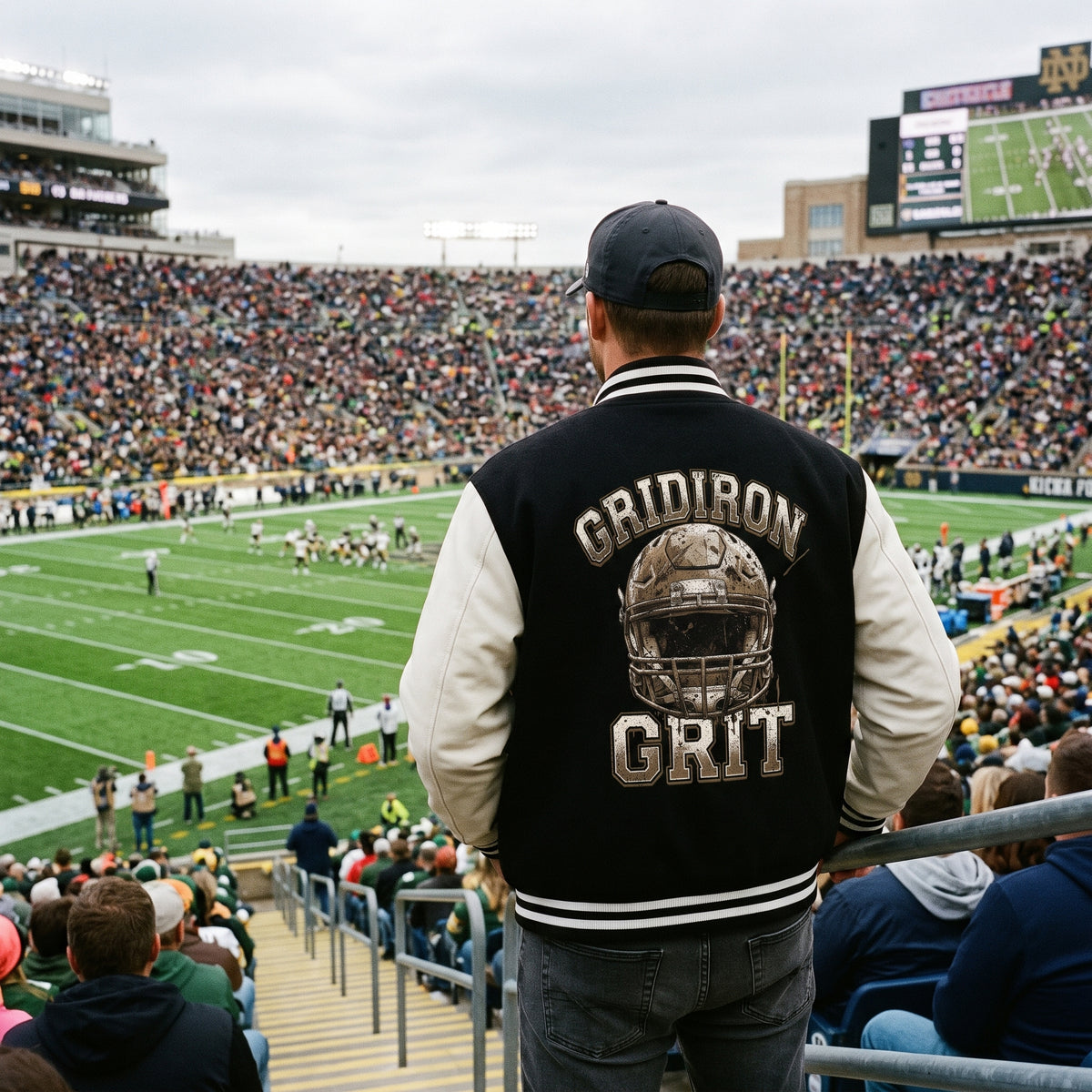 A man stands in a crowded football stadium, viewed from behind, wearing a black and cream varsity jacket with 'GRIDIRON GRIT' and a football helmet graphic on the back.