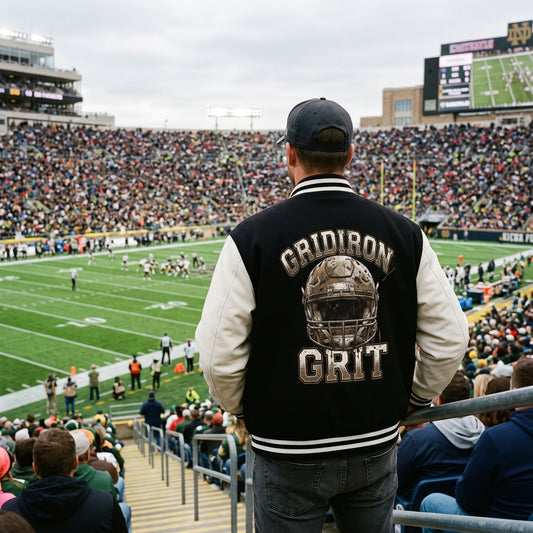 A man stands in a crowded football stadium, viewed from behind, wearing a black and cream varsity jacket with 'GRIDIRON GRIT' and a football helmet graphic on the back.