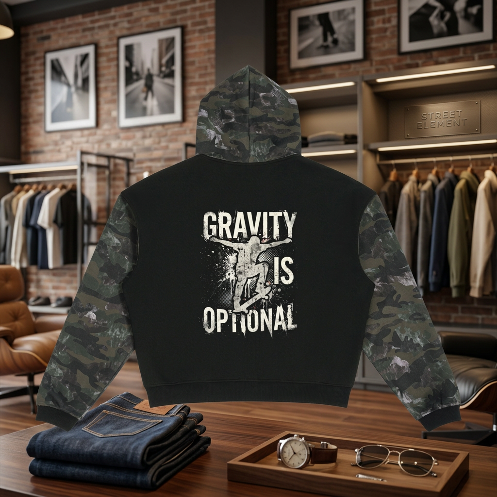 A black hoodie with camouflage sleeves and hood, featuring a white graphic print on the back that reads 'GRAVITY IS OPTIONAL' with a snowboarder silhouette.