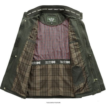 An open dark olive green jacket displayed flat against a white background, showing a brown and beige plaid lining and a red, blue, and white plaid inner shirt.