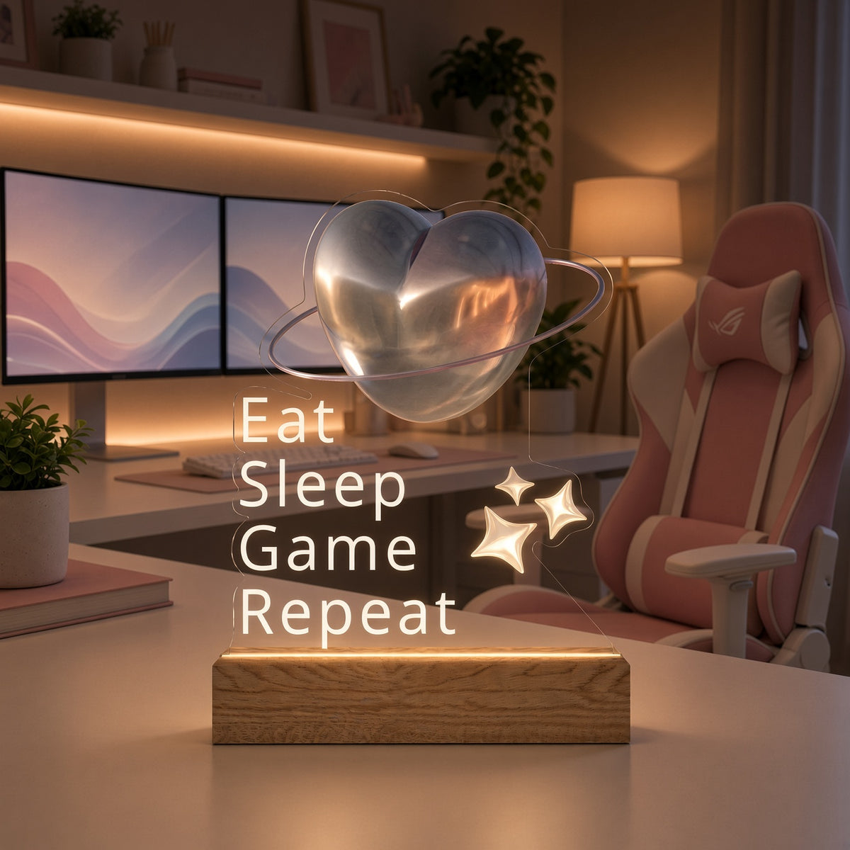 Eat Sleep Game Repeat LED Night Light — Heart Planet Acrylic Lamp