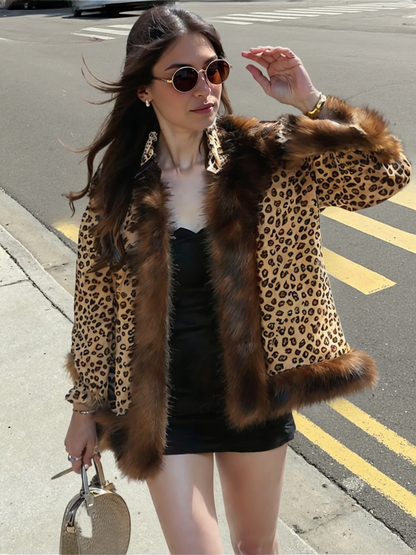 Womens Leopard Print Hooded Faux Fur Collar Jacket