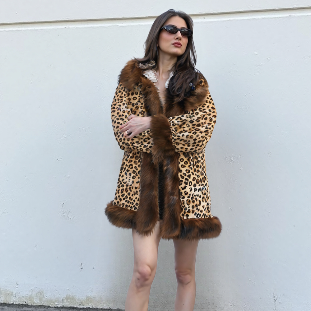 Womens Leopard Print Hooded Faux Fur Collar Jacket