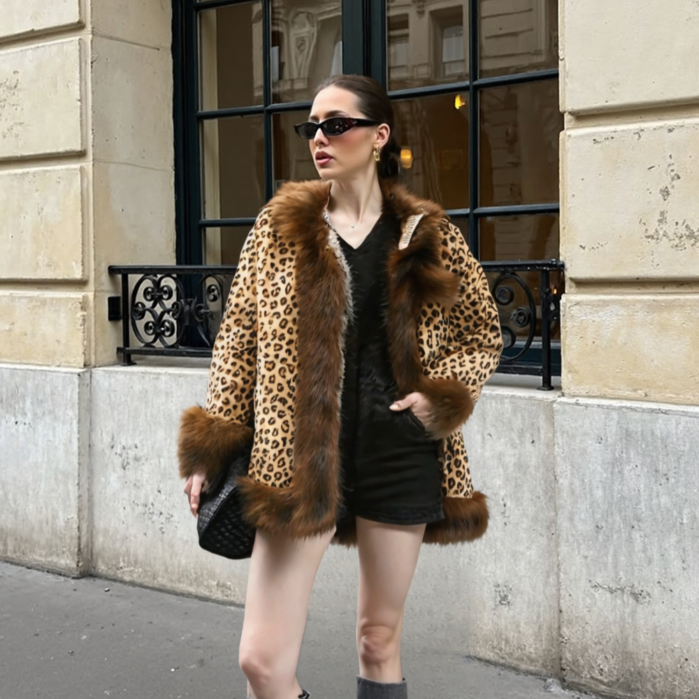 Womens Leopard Print Hooded Faux Fur Collar Jacket