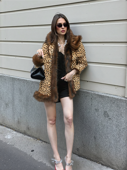 Womens Leopard Print Hooded Faux Fur Collar Jacket