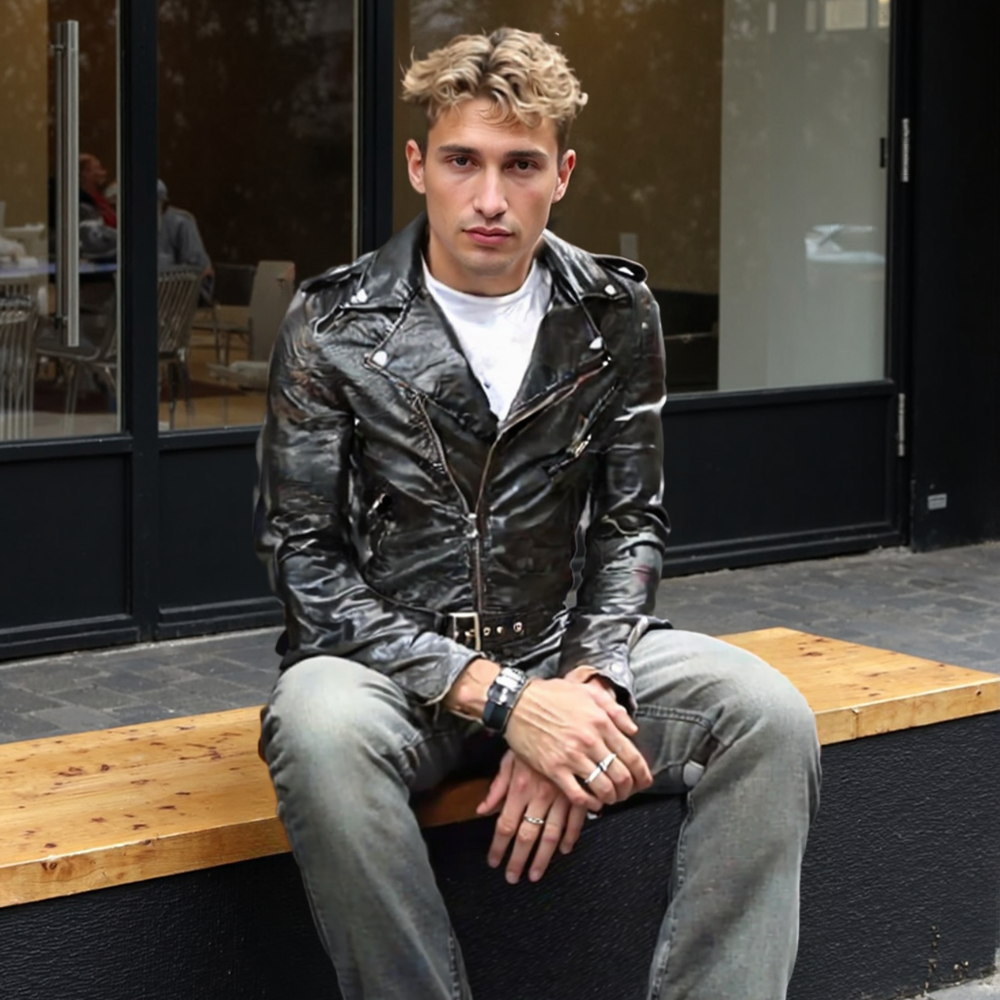 Mens Faux Leather Biker Zipper Jacket