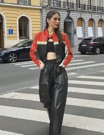 Women Cropped Vegan Leather Biker Jacket