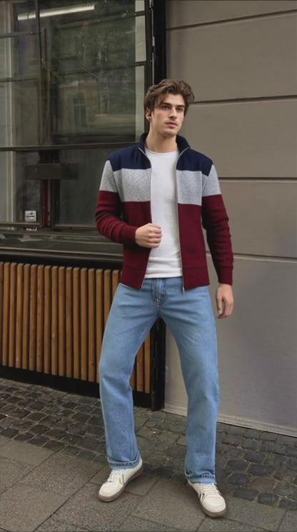 Mens Color Block Zipper Cardigan