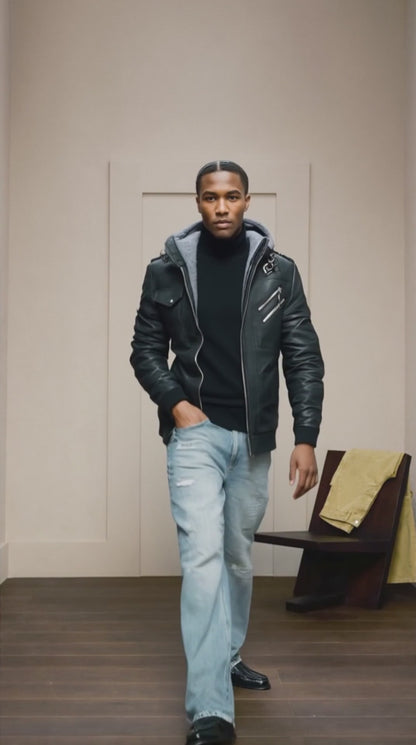 Mens Hooded Faux Leather Biker Jacket