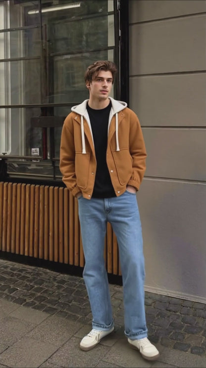 Mens Layered Look Hooded Corduroy Jacket With Faux Fur Lining