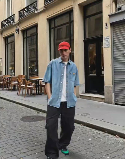 Men 's Over Size Washed Denim Short Sleeve Shirt