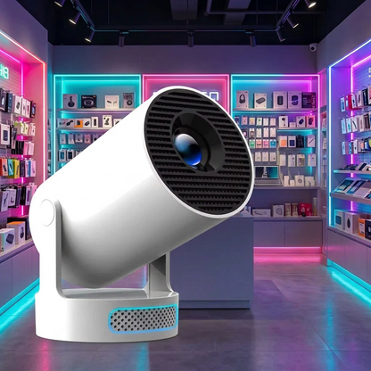 A large white cylindrical display projector or speaker-like device with a black grille opening, shown in a futuristic retail store interior with neon pink, blue, and purple lighting.