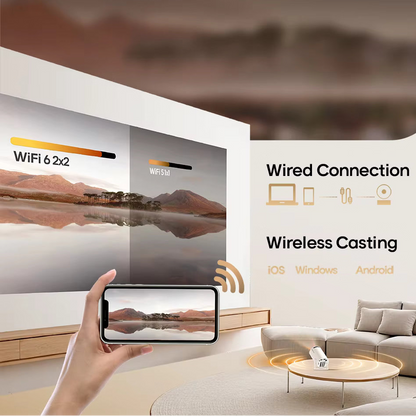 Living room scene with a TV, smartphone, and sofa, featuring text about wired and wireless connections.