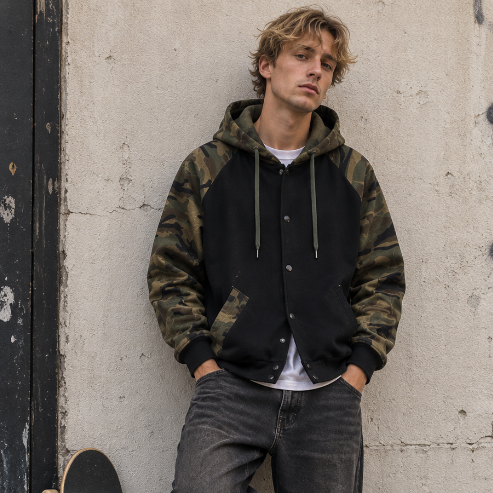 A young man wearing a black and camouflage raglan hoodie leans against a concrete wall, with a skateboard visible at the bottom left.