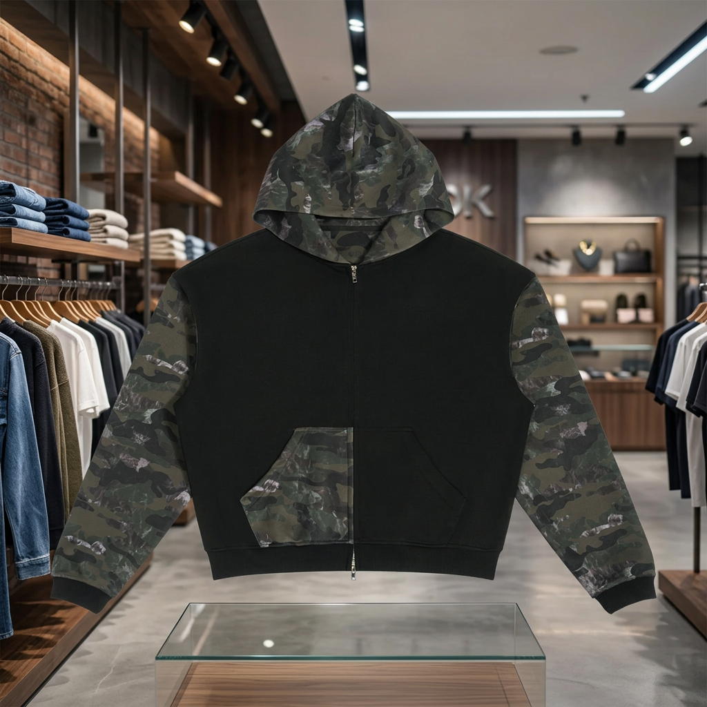 A black zip-up hoodie with camouflage pattern sleeves and a matching camouflage hood lining, displayed flat against a solid white background.