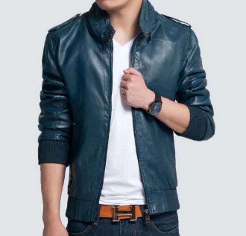 Mens Vegan Leather Jacket in Blue