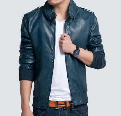 Mens Vegan Leather Jacket in Blue