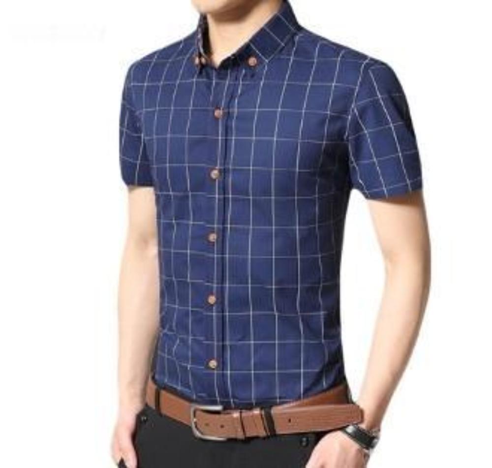 Mens Short Sleeve Button Front Checkered Shirt in Navy