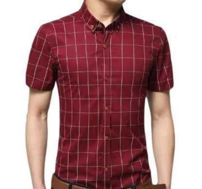 Mens Short Sleeve Button Front Checkered Shirt in Red