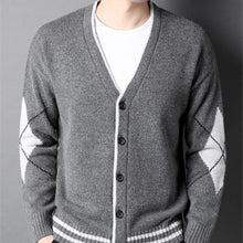 Load image into Gallery viewer, Mens V Neck Cardigan with Criss Cross Elbow Patch
