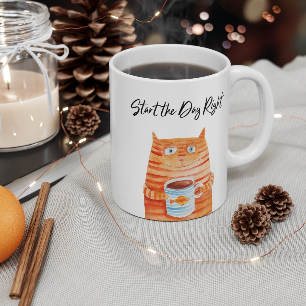 Start the Day Right Cat Holding Goldfish Coffee Tea Mug