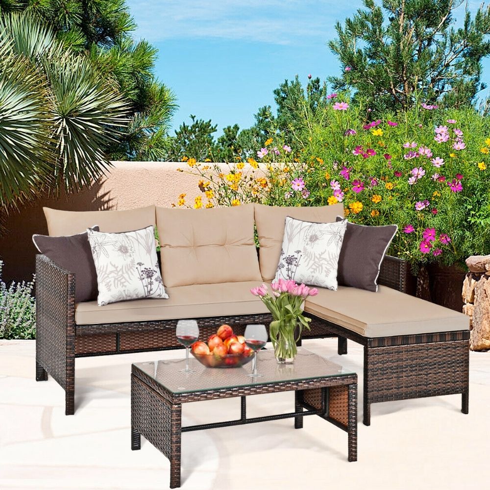 Outdoor Wicker 3 Seater Sofa Set with Leg Rest and Coffee Table