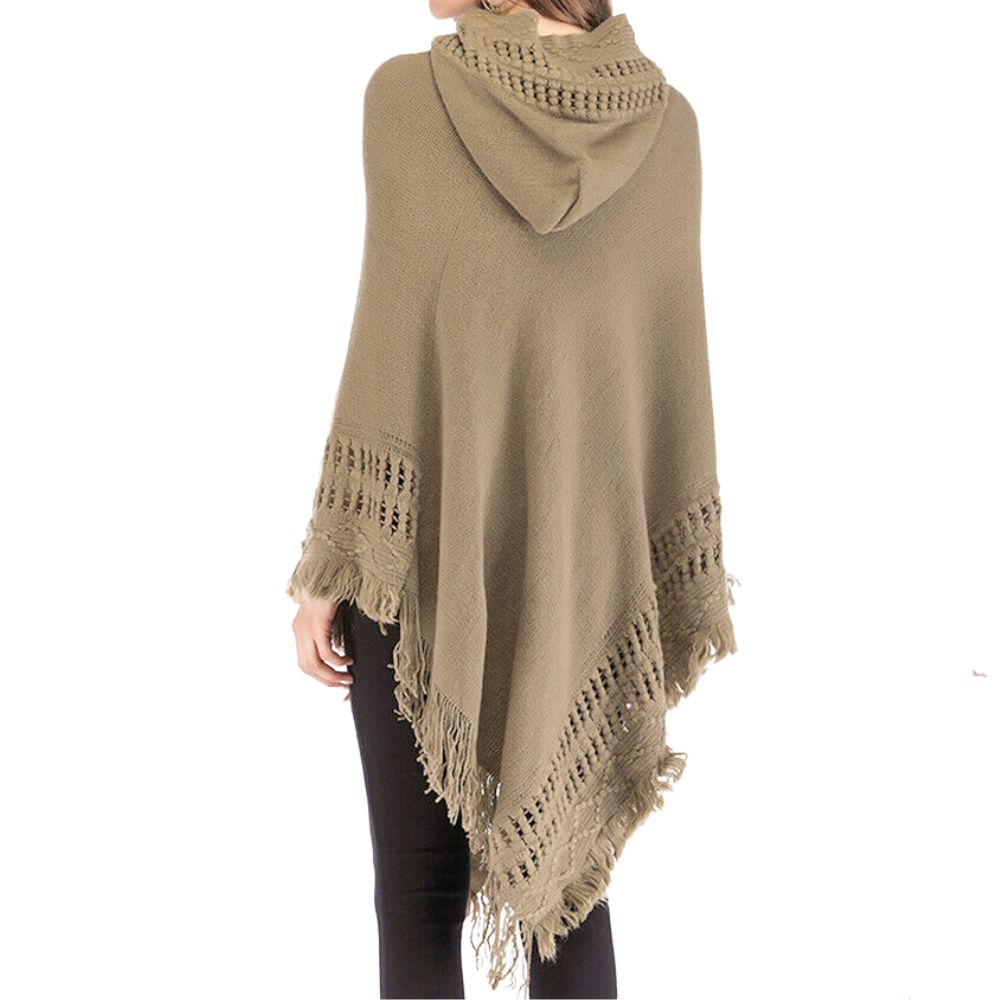 Womens Hooded Poncho with Fringe