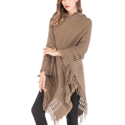 Womens Hooded Poncho with Fringe