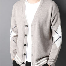 Load image into Gallery viewer, Mens V Neck Cardigan with Criss Cross Elbow Patch
