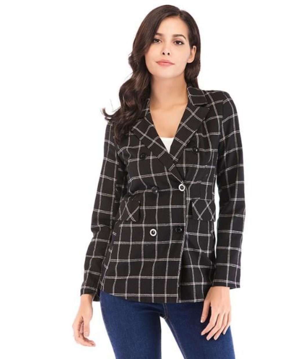 Womens Double Breasted Black Checkered Blazer