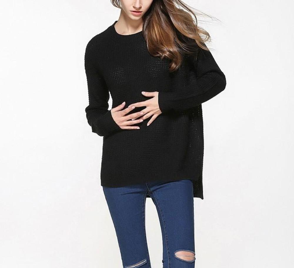 Womens Relaxed Fit Round Neck Sweater in Black