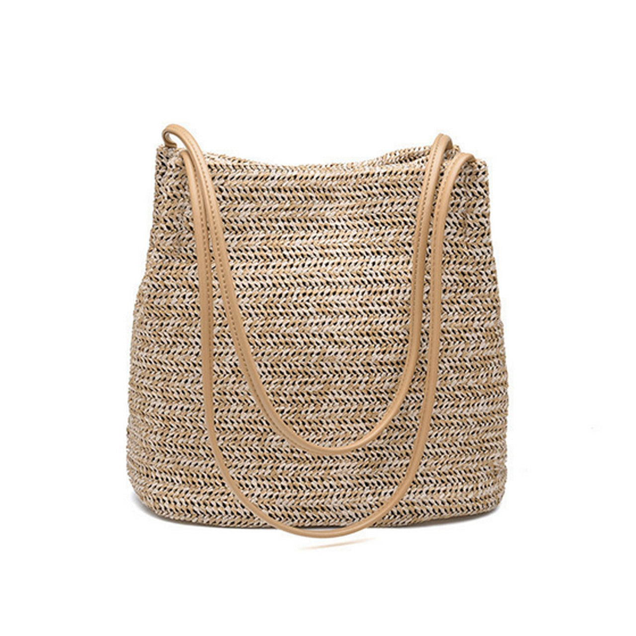 Trimmed Vegan Leather Strap Straw Tote