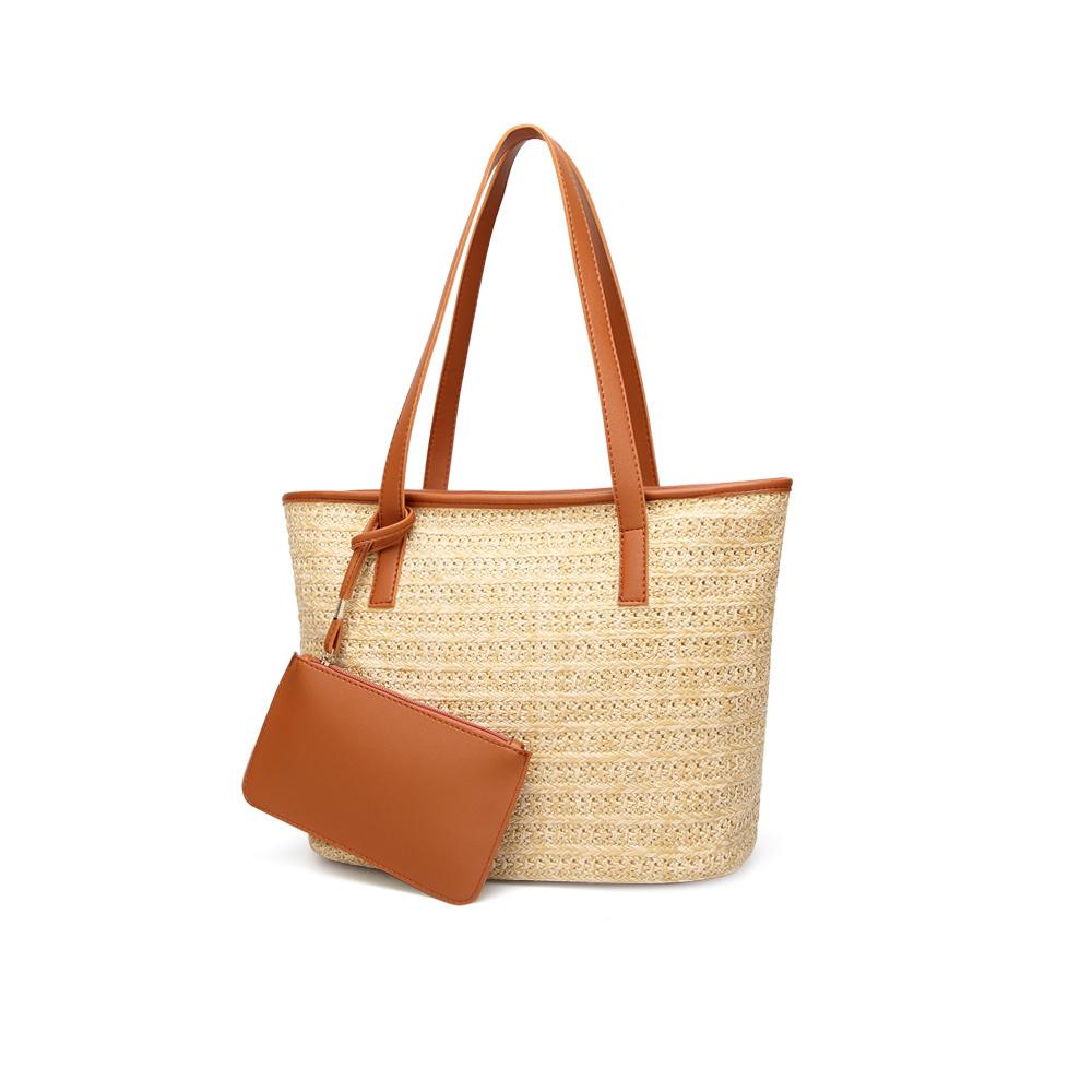 Vegan Leather Trimmed Straw Tote