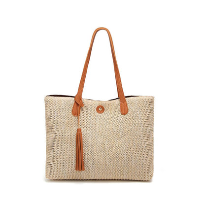 Vegan Leather Trimmed Tote with Tassle