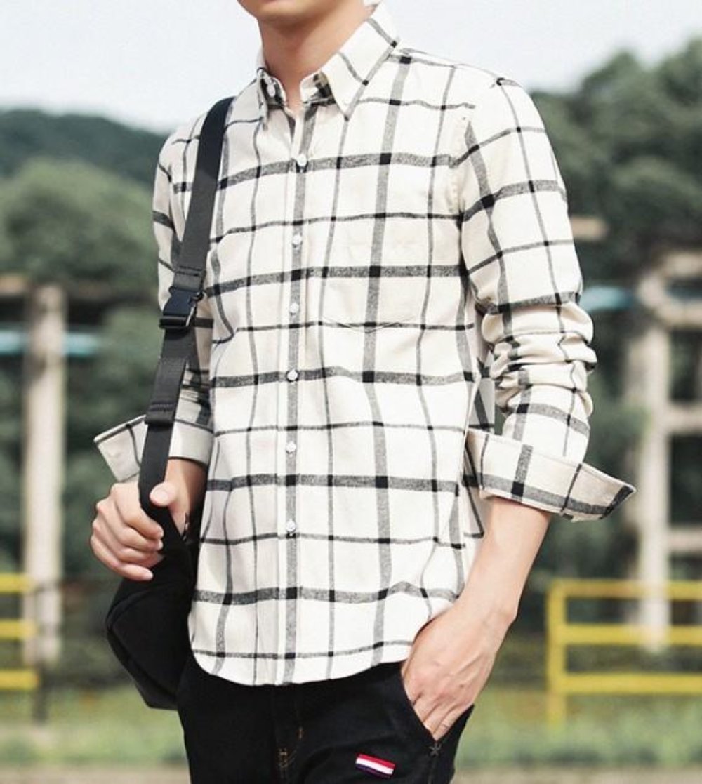 Mens Long Sleeve Checkered Cotton Shirt in Beige