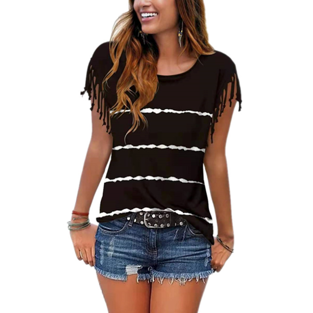 Womens Striped T-Shirt with Fringe