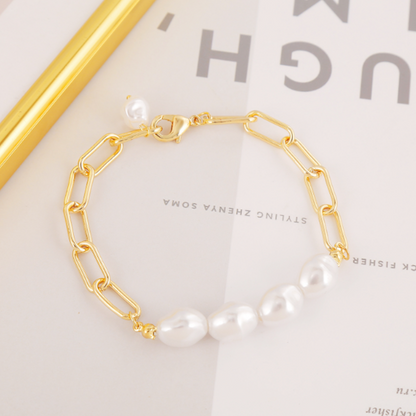 Womens Link Bracelet with Faux Pearl Beads