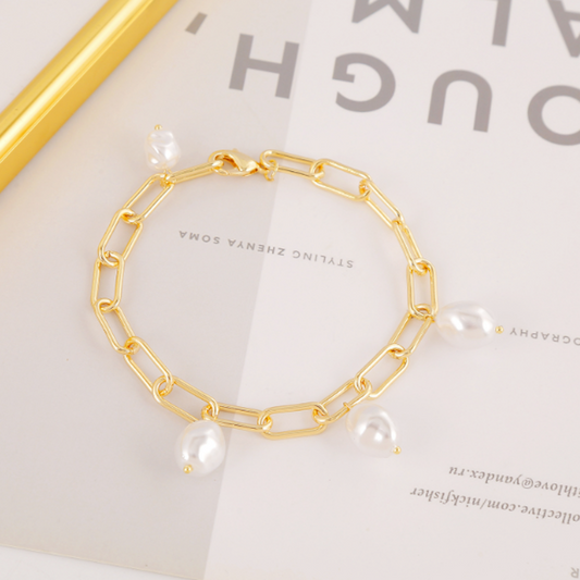 Womens Link Bracelet with Faux Pearl Detailing