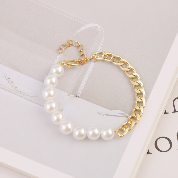 Womens Pearl Beaded Bracelet with Half Chain