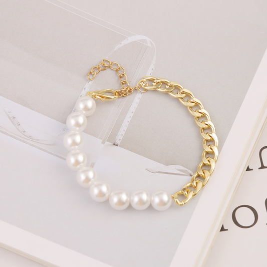 Womens Pearl Beaded Bracelet with Half Chain