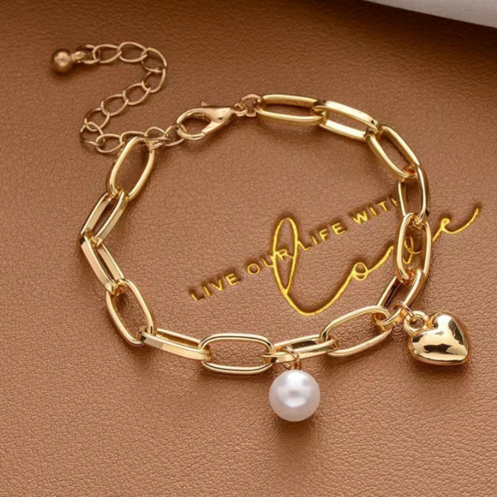Womens Oval Link Bracelet With Heart Charm and Faux Pearl