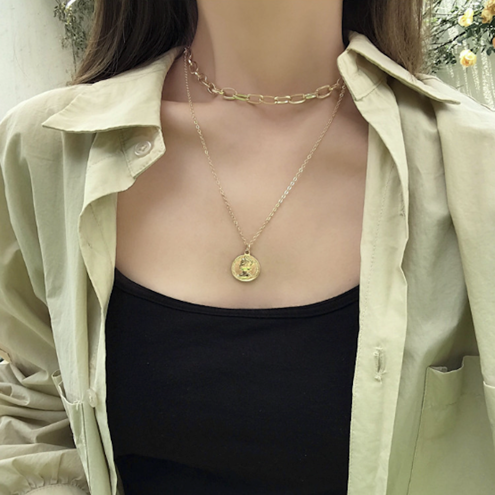 Womens Layered Look Choker Necklace with Coin Pendant